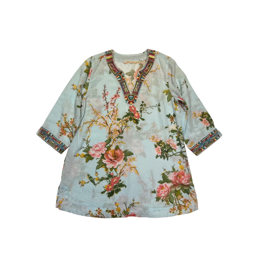 Soft Surroundings Merielle Aqua Blue Pink Floral Embroidered Cottagecore Tunic S